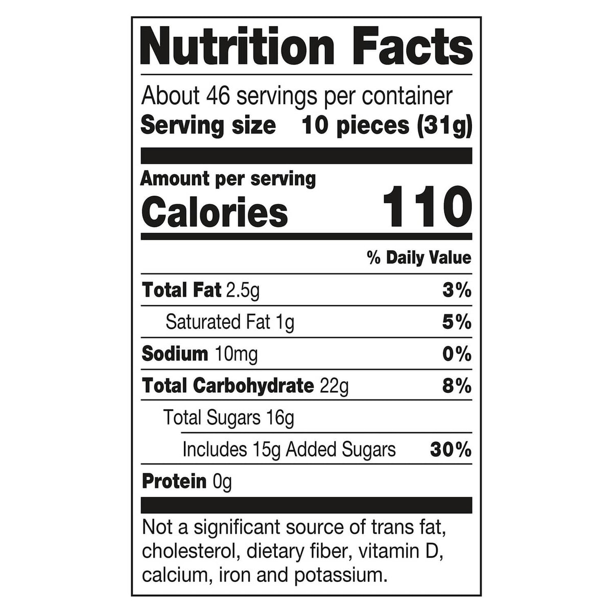 Nutrition facts label: serving size 10 pieces, calories 110, sugars 16g