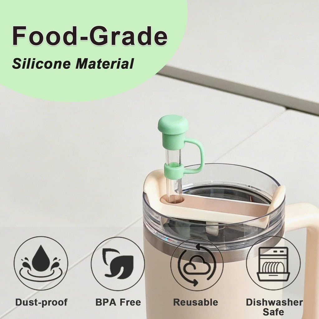 Mint silicone straw cover topper on clear lid cup, food-grade silicone style