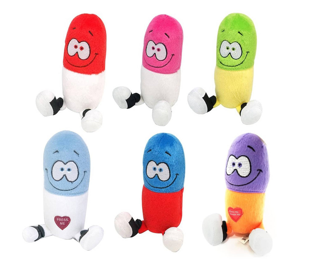 Happy Pill plush 6-pack of red, pink, green, yellow, blue, and purple pill toys