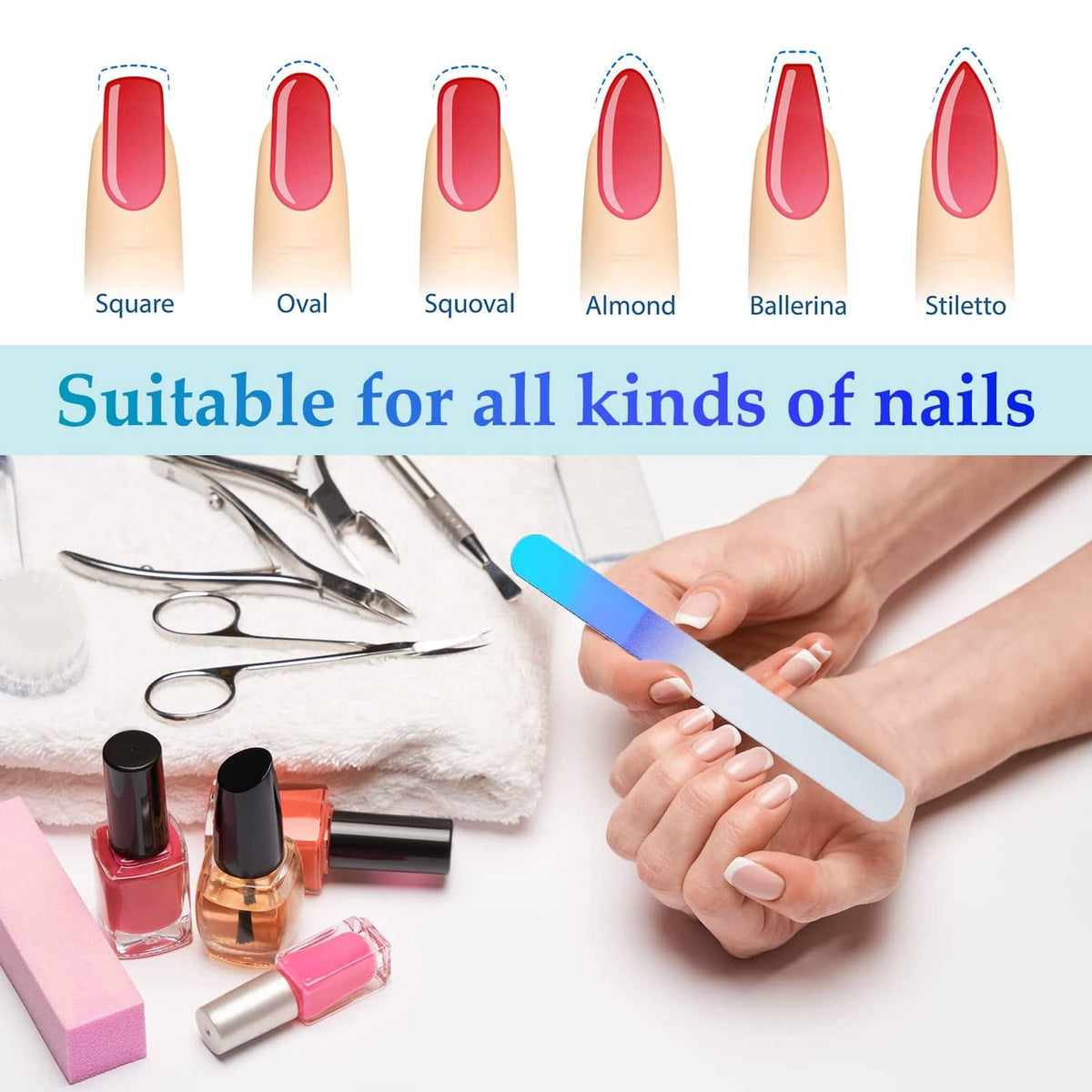 Glass nail file in hand for shaping nails, with several nail styles shown