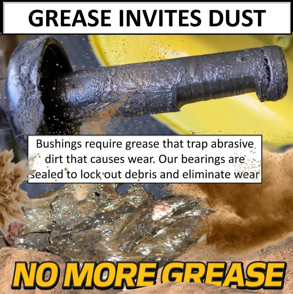 Grease-sealed axle components with black shaft and yellow bushing housing