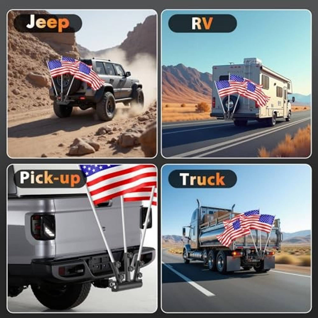 Triple flag pole holder with US flags for Jeep, RV, pickup, and truck hitches