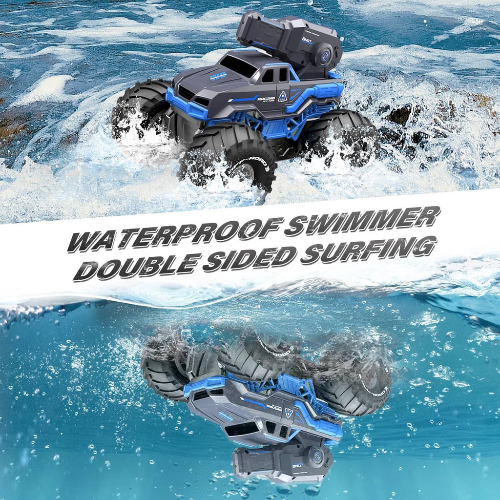 Blue and black amphibious RC tank car floating in water, large tread tires and turret
