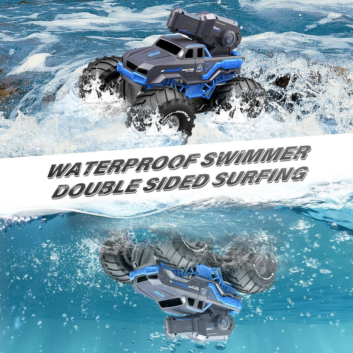 Blue and black amphibious RC tank car floating in water, large tread tires and turret
