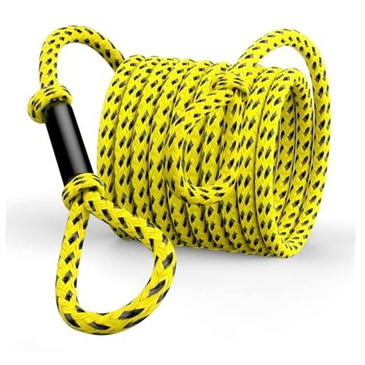 Yellow-and-black braided boat tow rope with black connector sleeve, coiled.