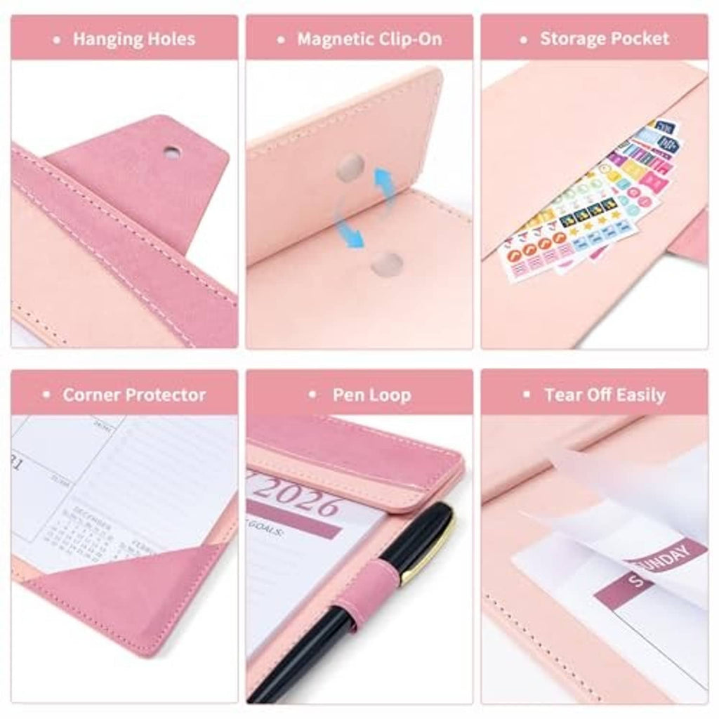 Pink desk calendar accessory details: corner protectors, pen loop, storage pocket