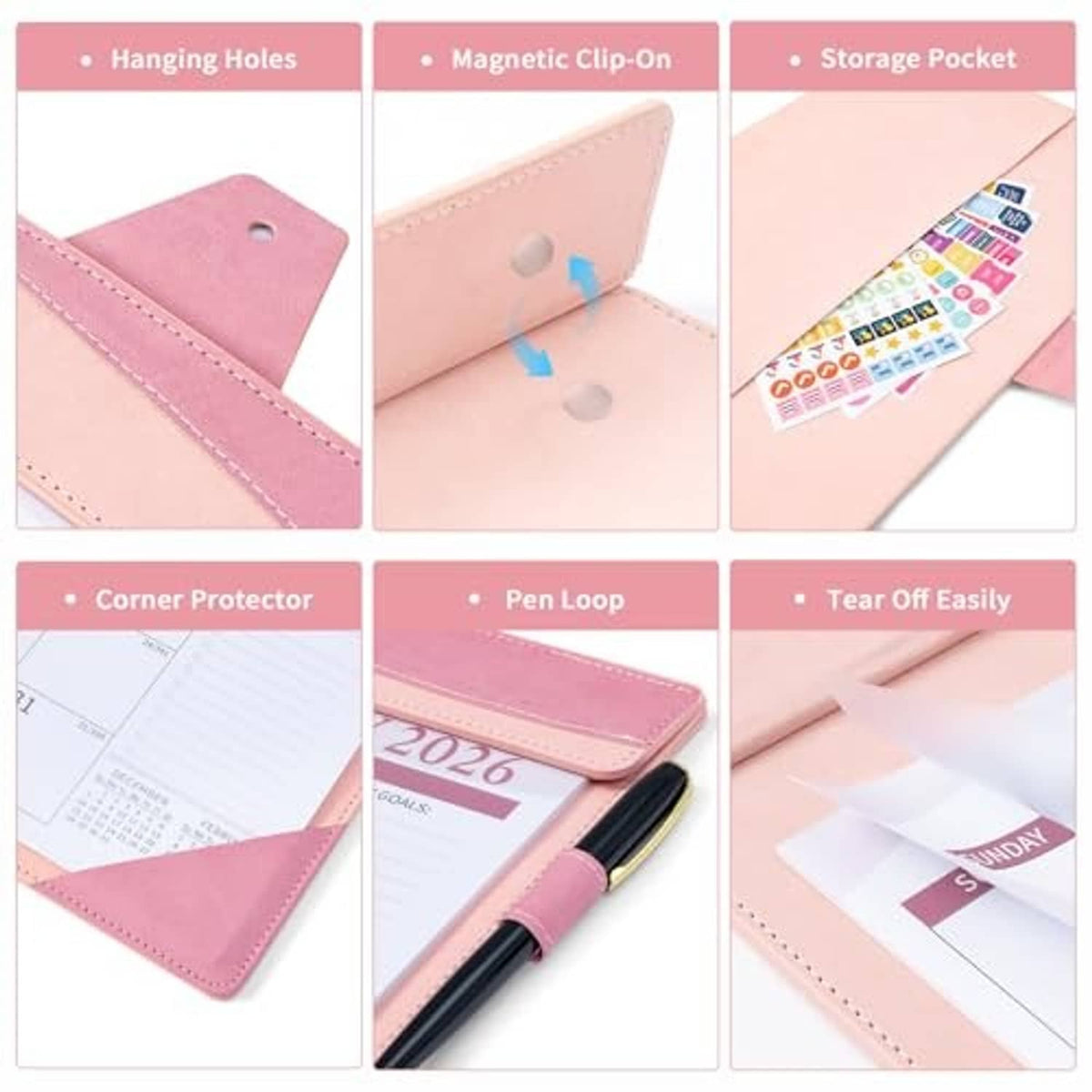 Pink desk calendar accessory details: corner protectors, pen loop, storage pocket