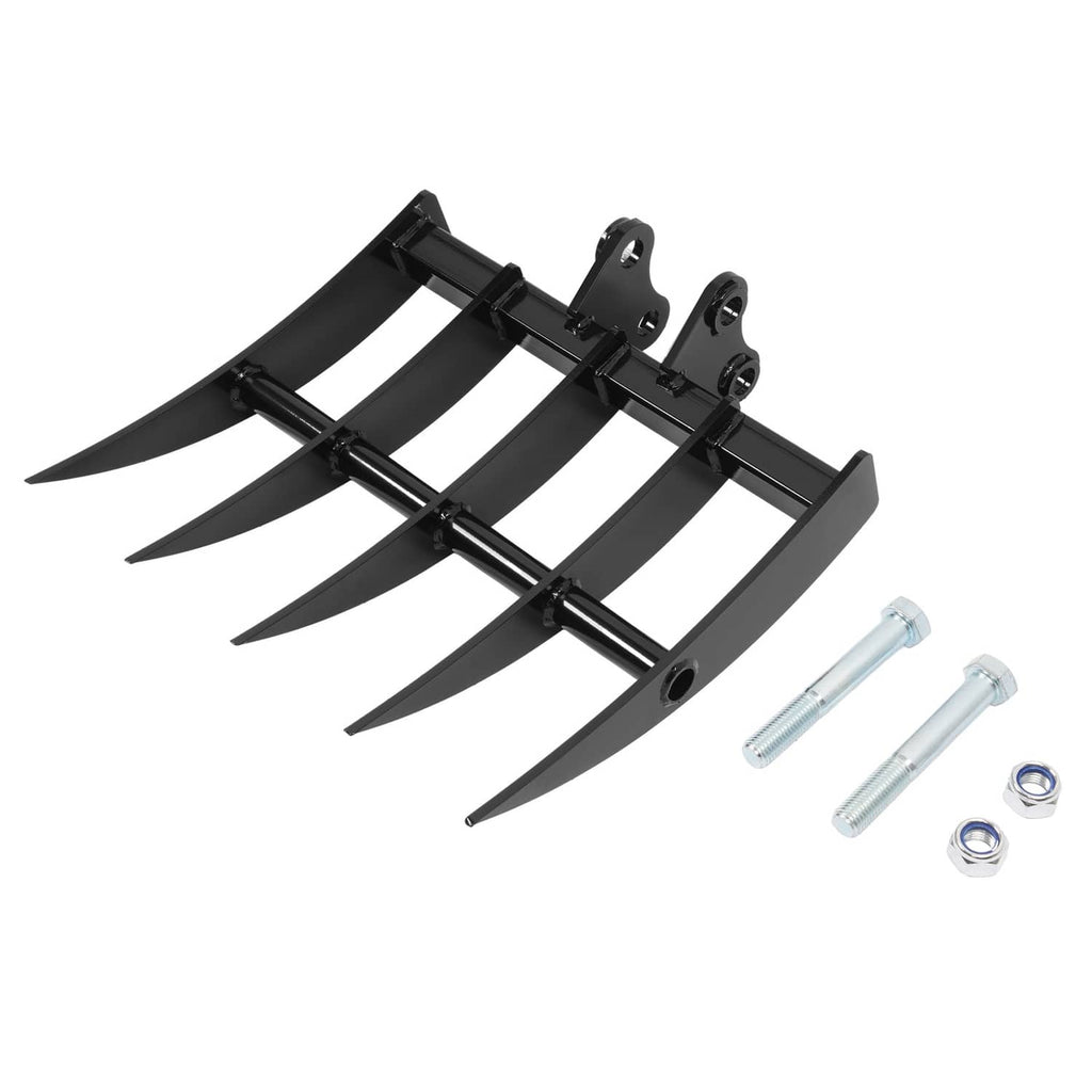 Black five-tooth rake attachment with curved tines and included bolts, isolated on white