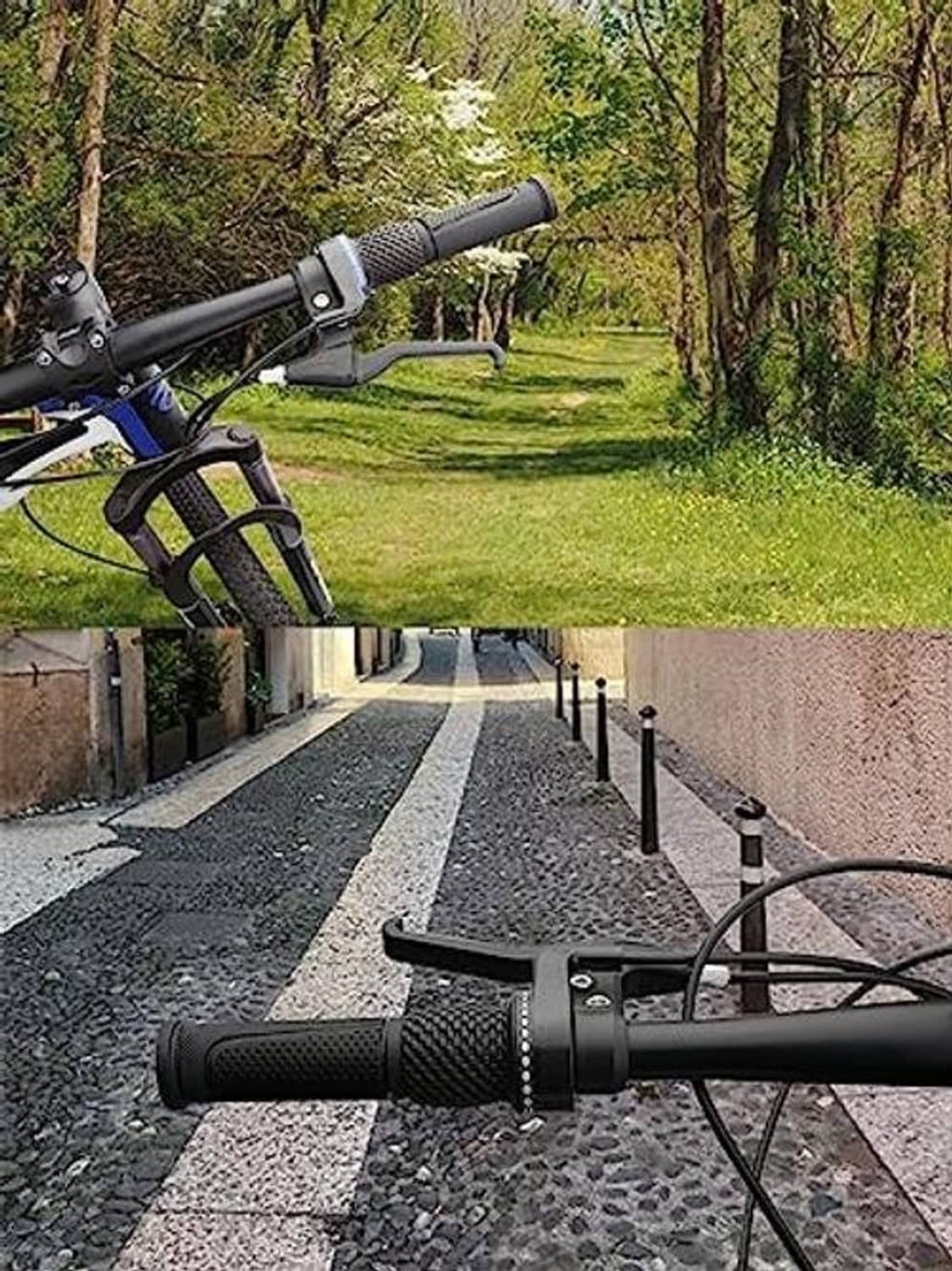 Black mounted bicycle handlebar grips with perforated rubber texture and end caps