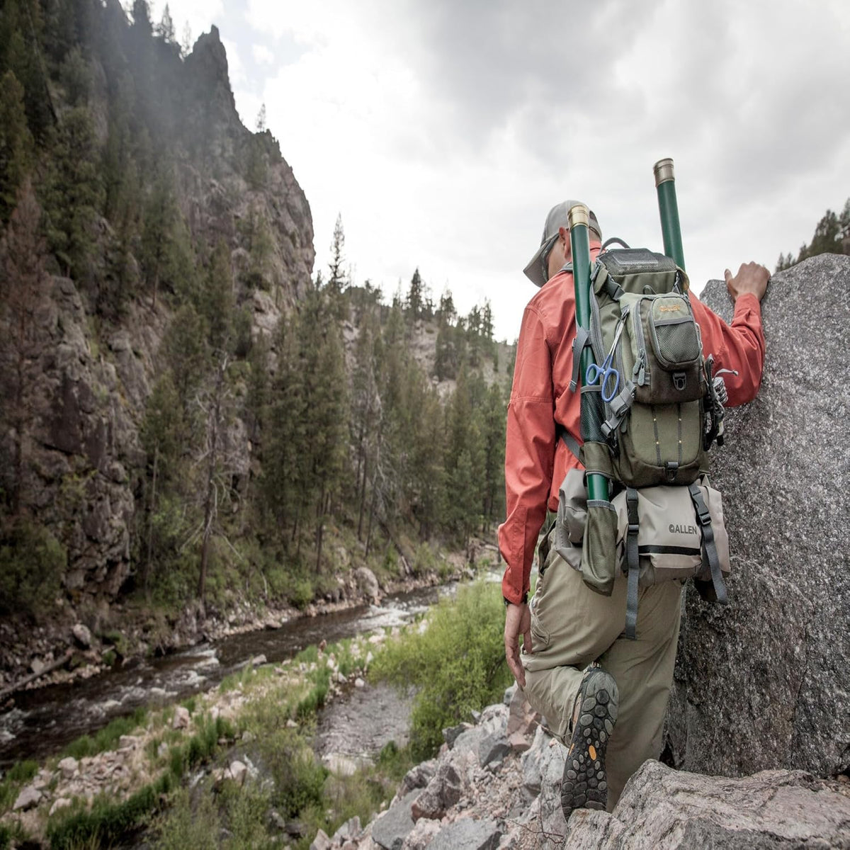 Olive fishing gear backpack organizer with multiple front pockets and straps