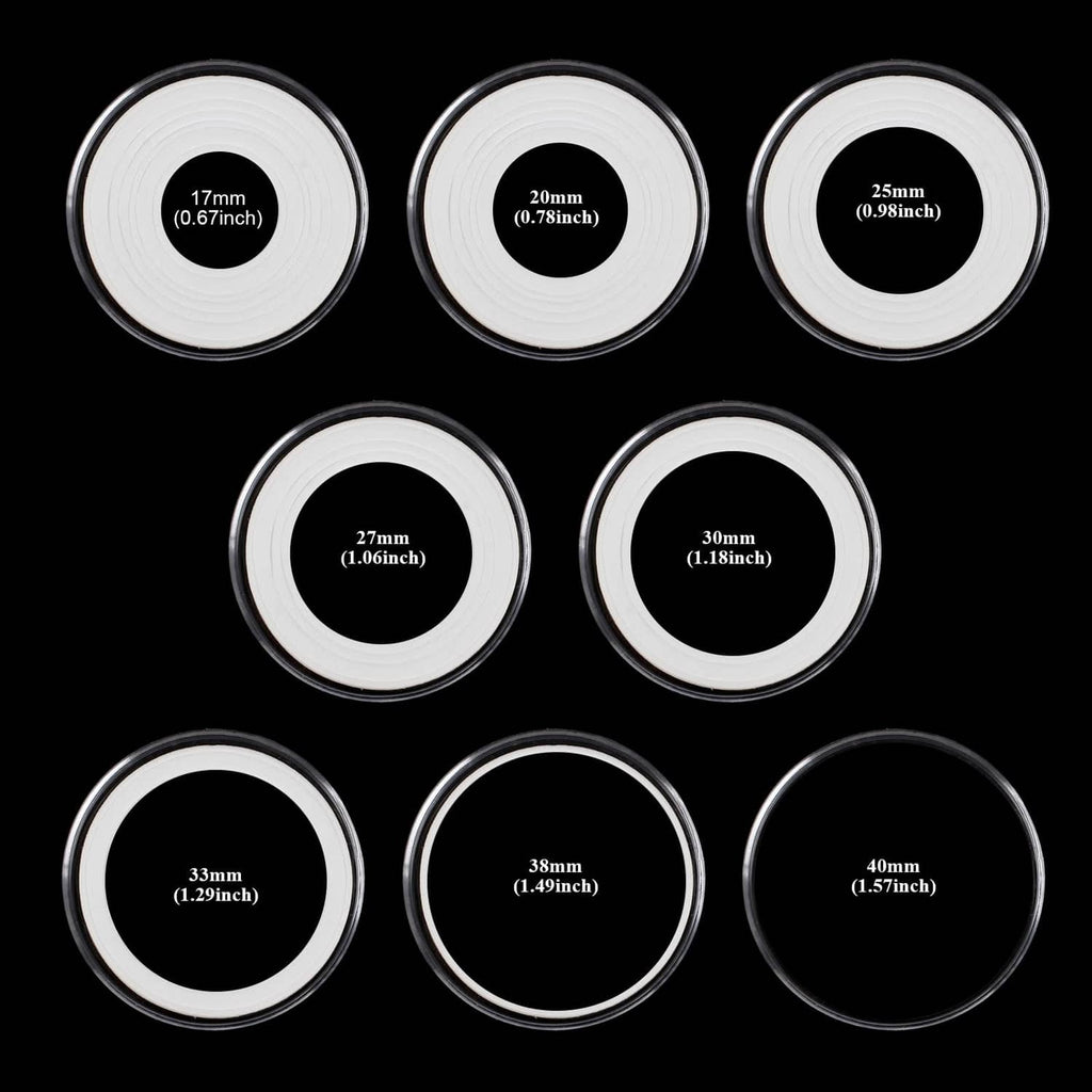 Assorted clear coin capsules with circular openings and printed size labels