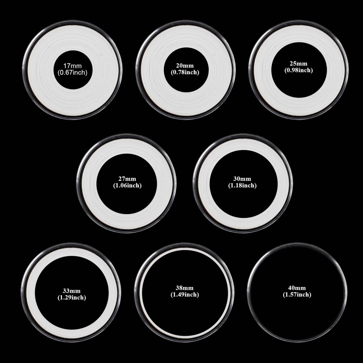 Assorted clear coin capsules with circular openings and printed size labels