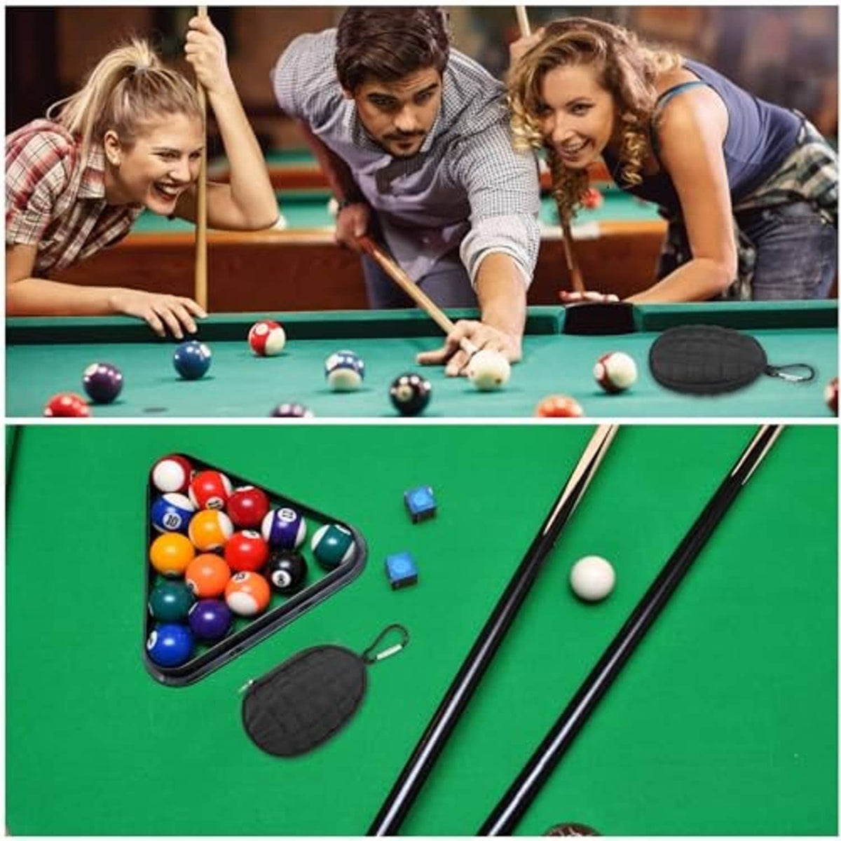 Black oval chalk storage pouch with carabiner placed on a billiard table