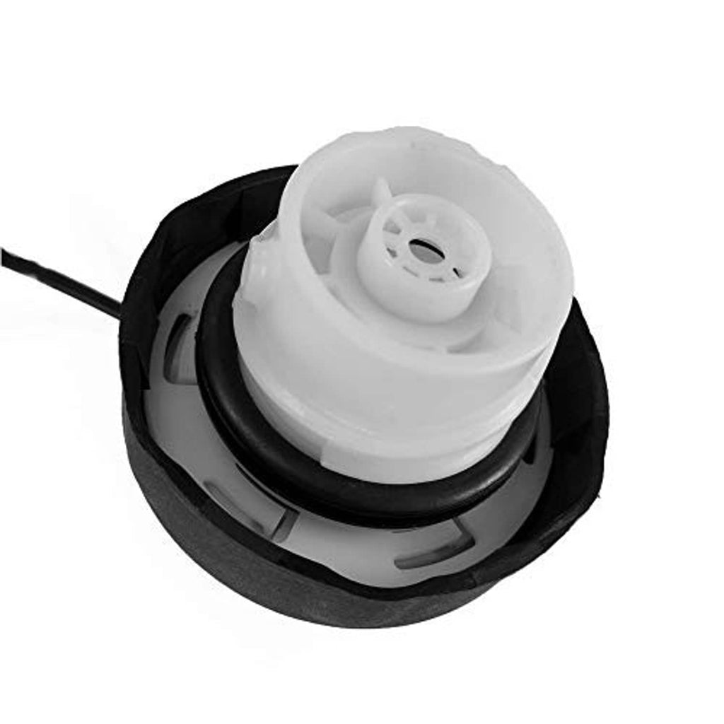 Gas cap tether assembly detail, black base with white locking cap and attached cable