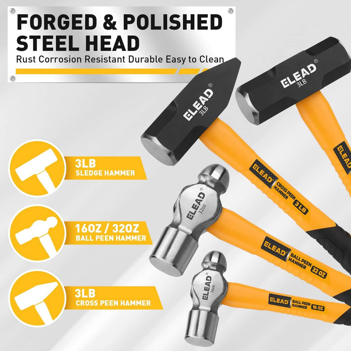 Forged steel head hammer with orange fiberglass handle and black striking face