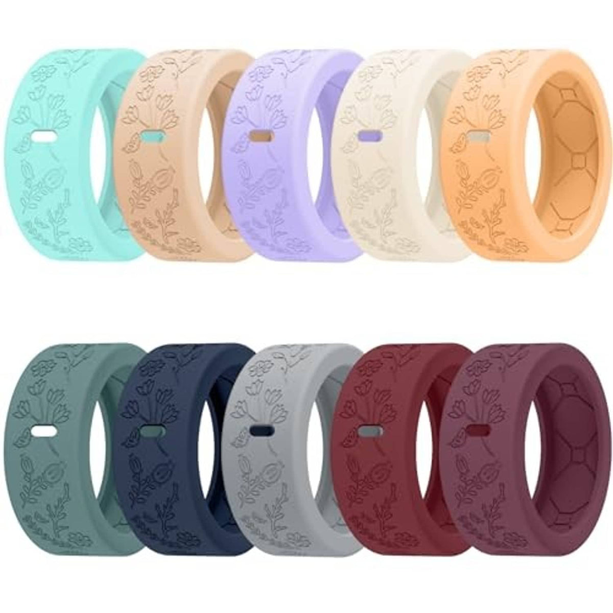 Floral engraved silicone Oura ring covers in assorted colors, set with various fit sizes