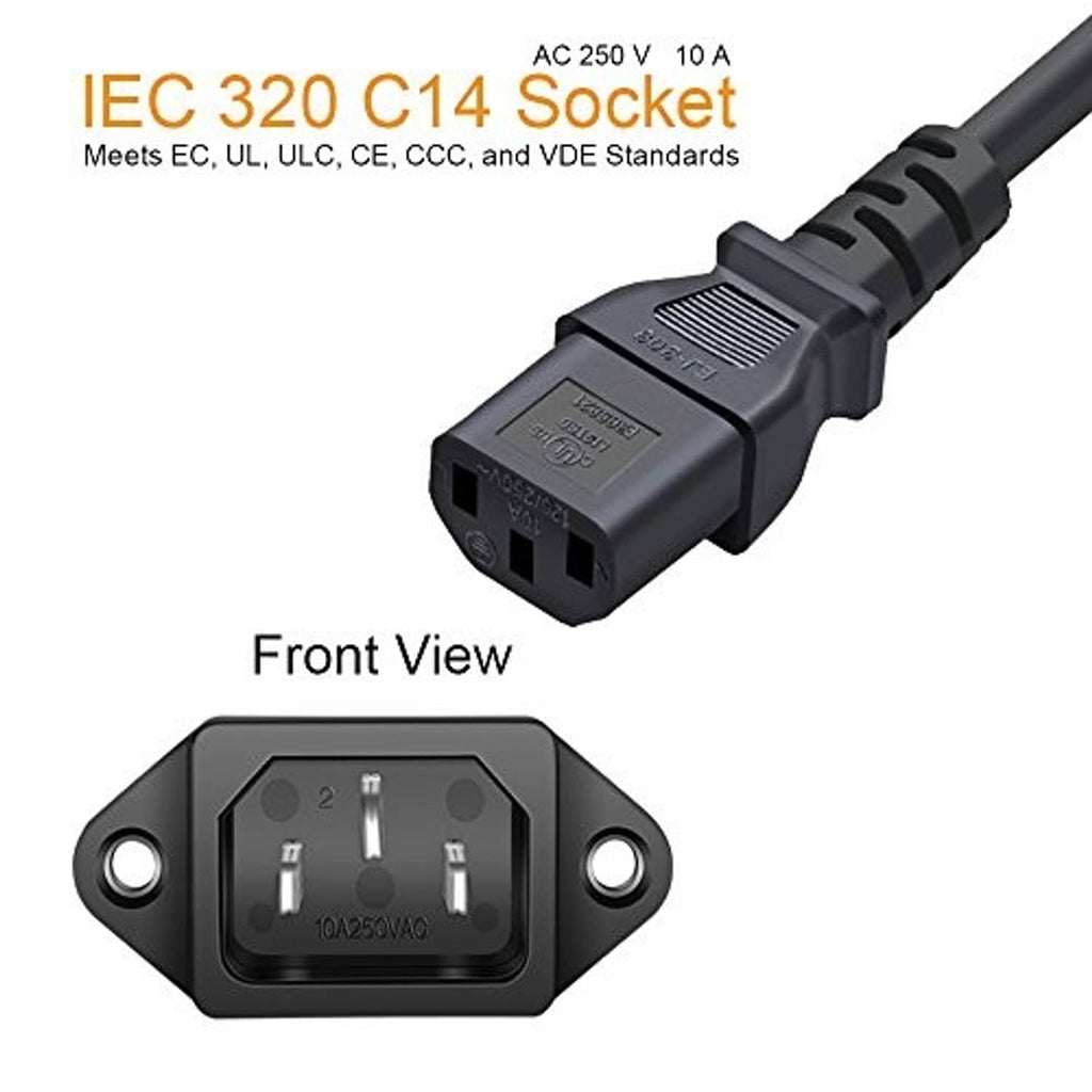 IEC 320 C14 socket power adapter with attached cable, front connector view