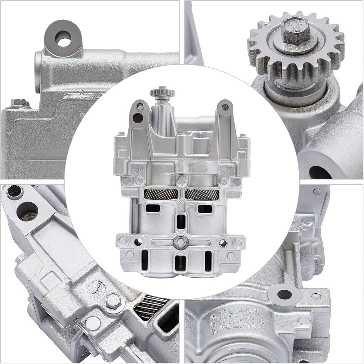 Oil pump balance shaft assembly, close-up of internal channels and mounting bracket