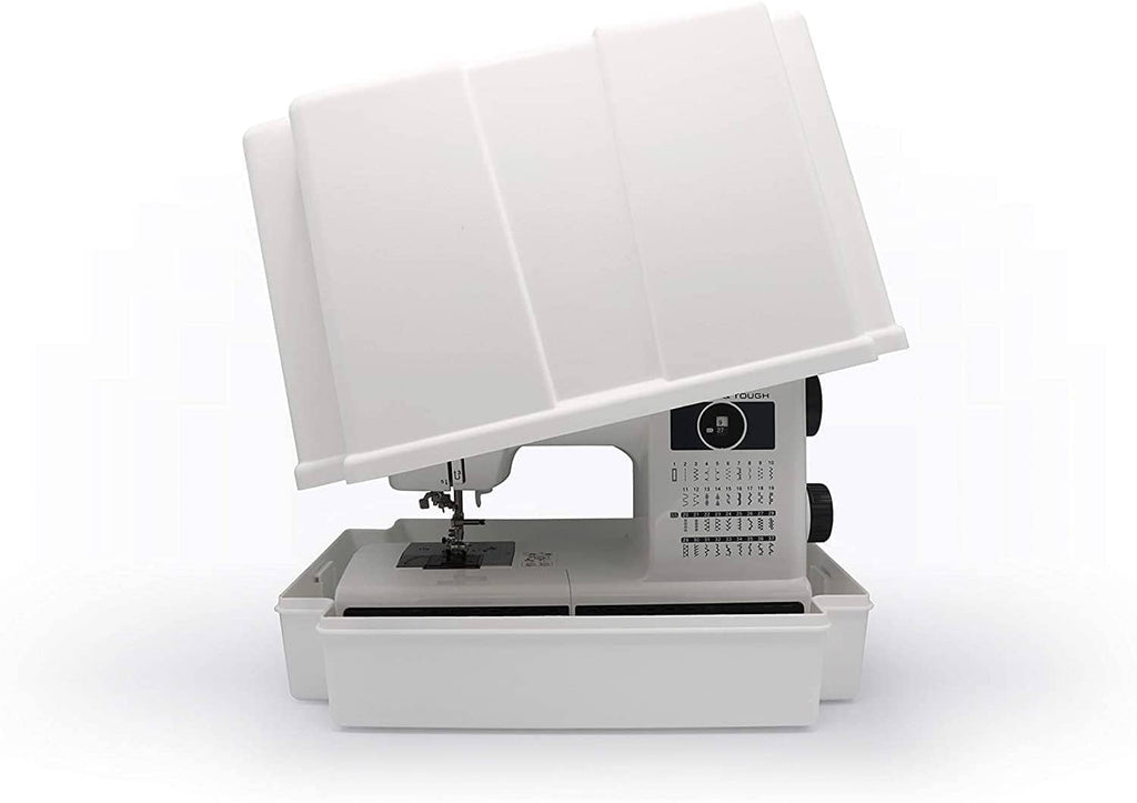 Computerized sewing machine with hinged accessory cover open over bobbin area