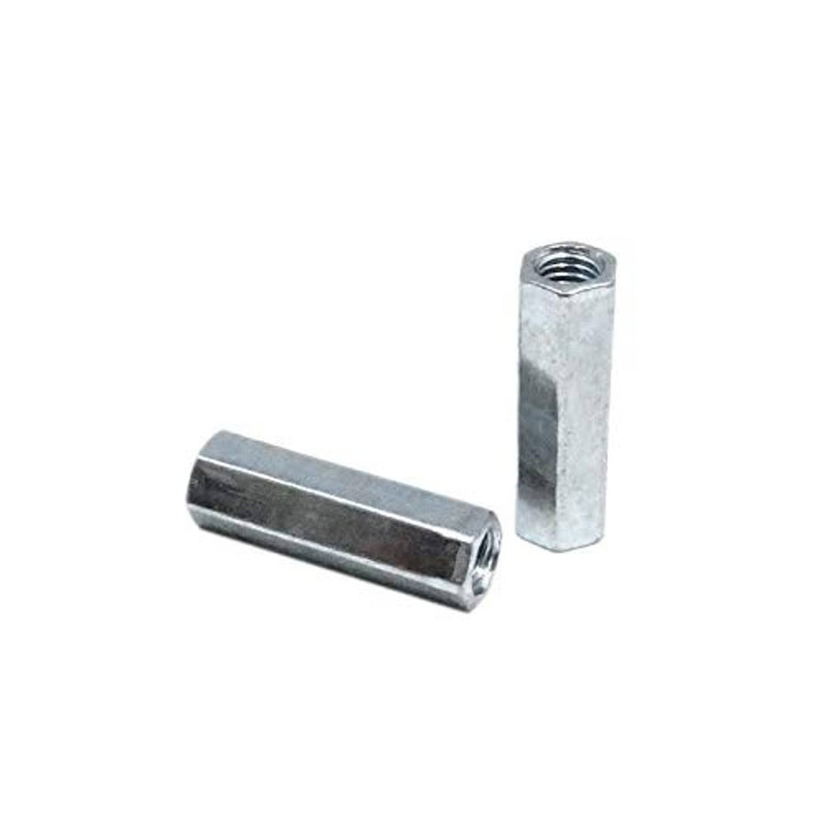 Zinc-plated M10 rod coupling connector pieces: threaded hex nut sleeve and stud