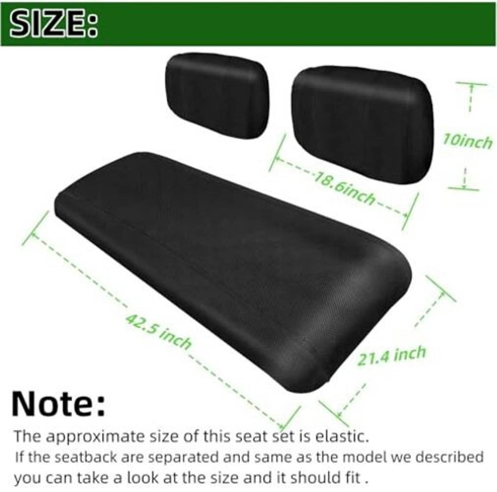 Black polyester mesh seat cover with sizing diagram for seat and backrest.