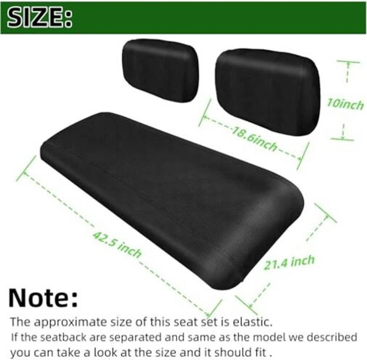 Black polyester mesh seat cover with sizing diagram for seat and backrest.