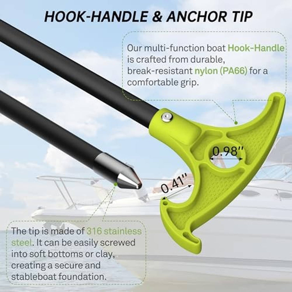 Green hook-handle and stainless anchor tip on a black fiberglass shallow water pole