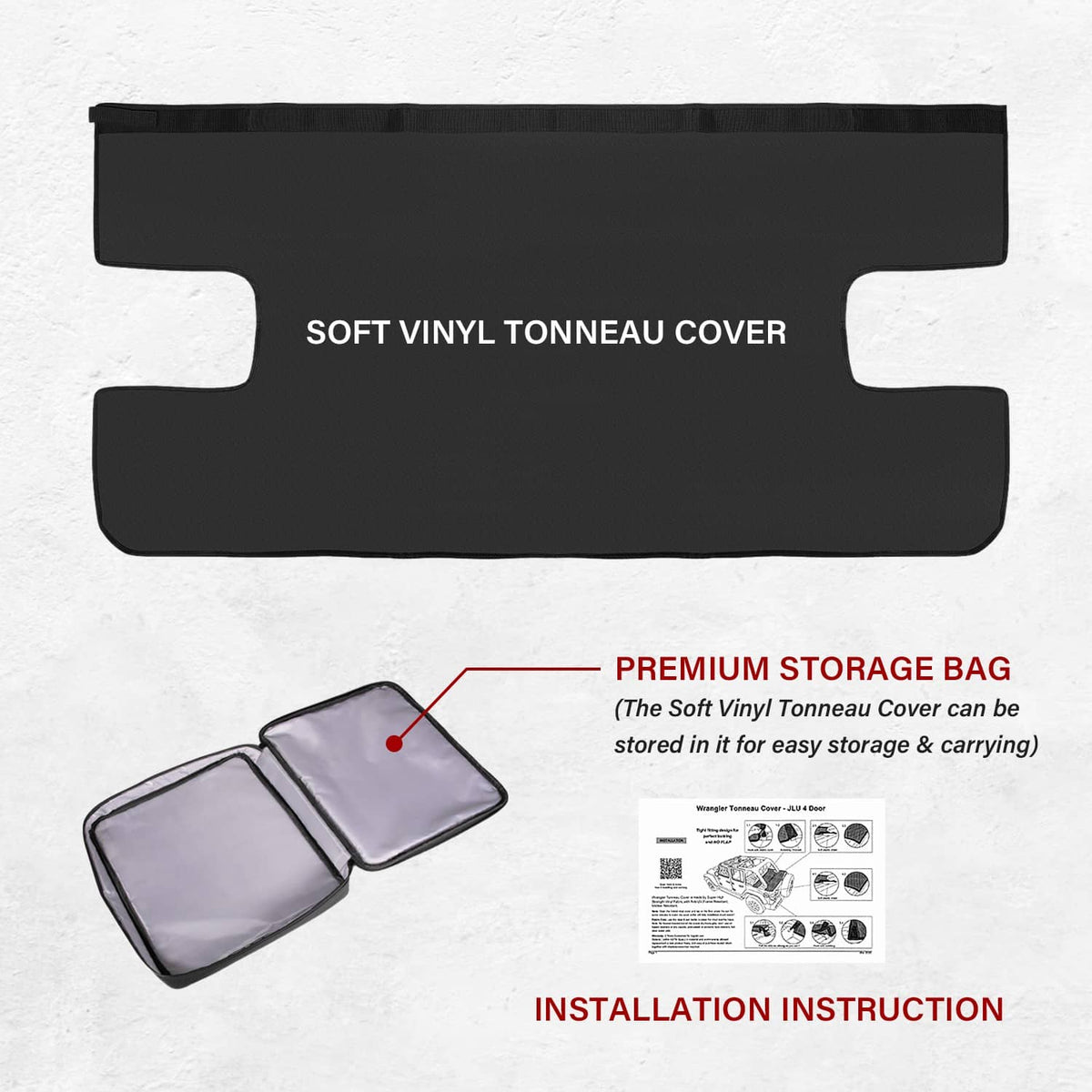 Black soft vinyl tonneau cover panel with gray storage bag shown