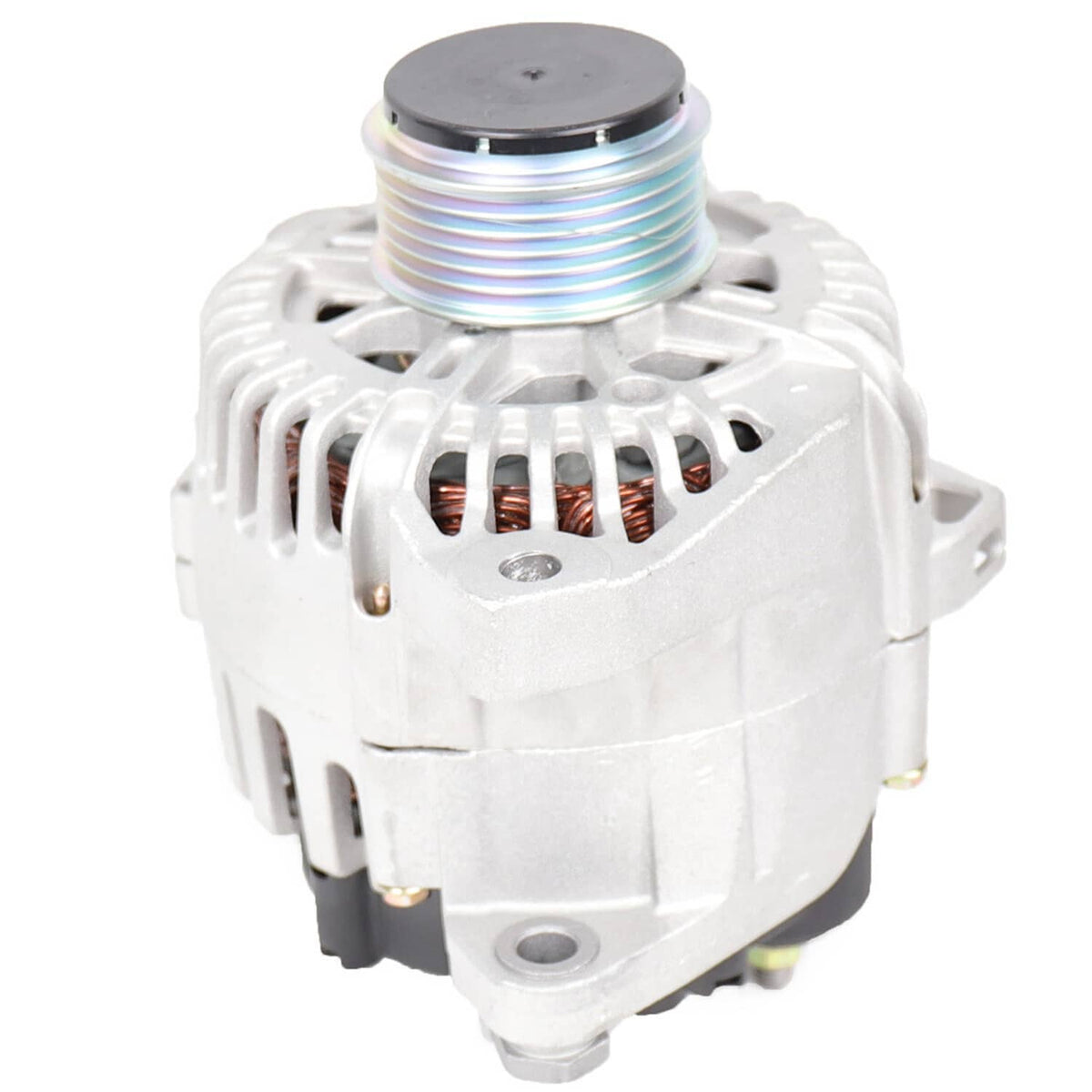 Automotive alternator with ribbed pulley and vented housing, front view
