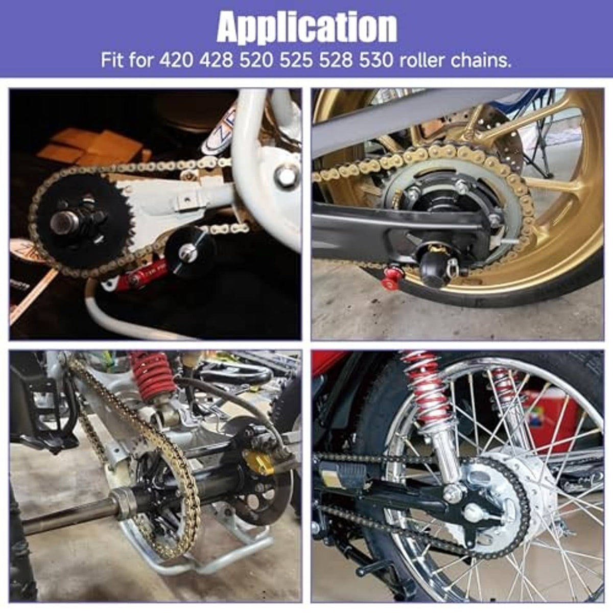 Chain breaker tool applied to roller chain near the sprocket on a motorcycle