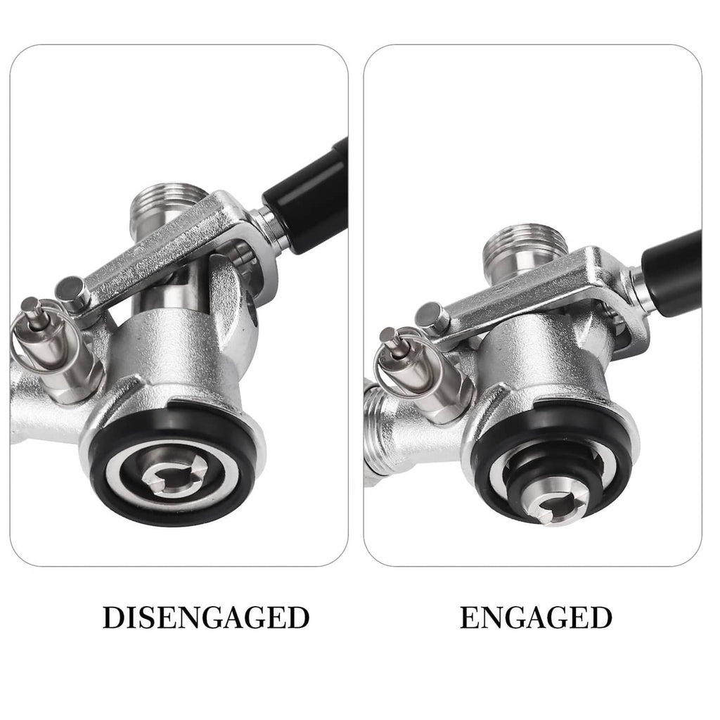 Keg coupler D system connector shown engaged and disengaged with rubber seal ring