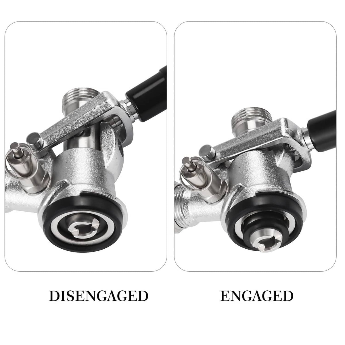 Keg coupler D system connector shown engaged and disengaged with rubber seal ring
