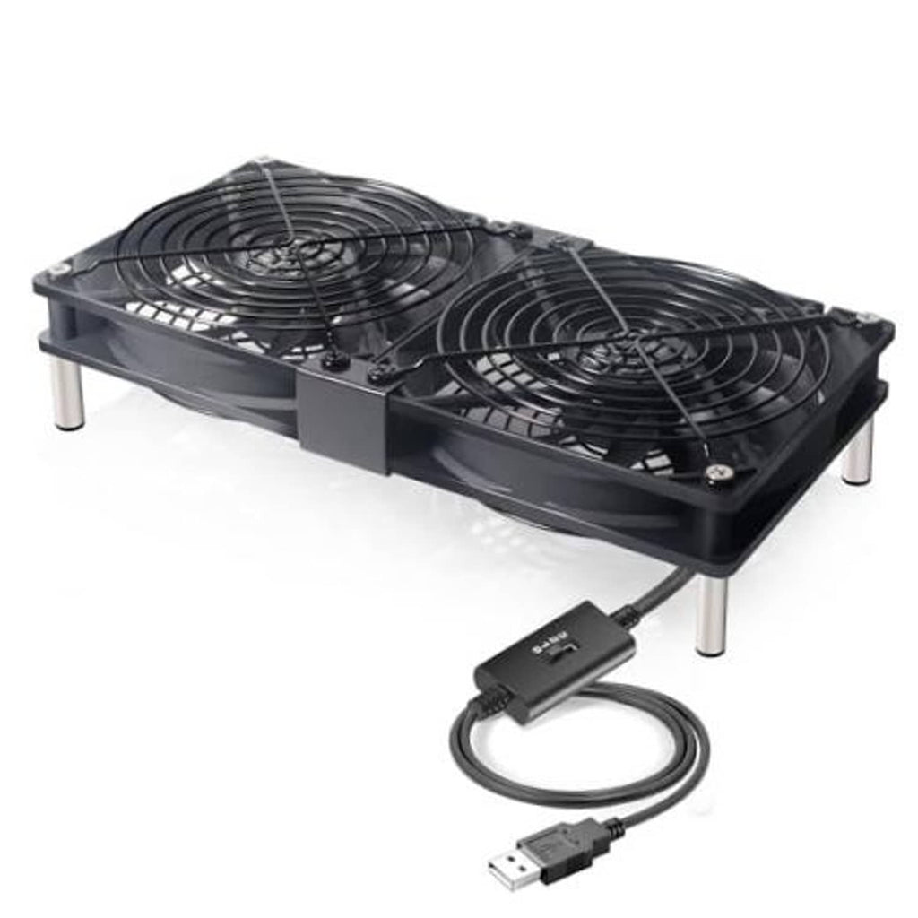 Dual 120mm USB cooling fan with speed controller, two black twin fans on stand