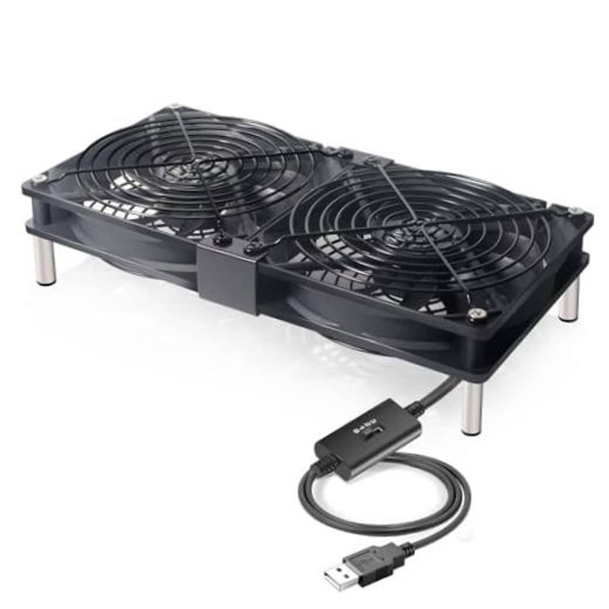 Dual 120mm USB cooling fan with speed controller, two black twin fans on stand