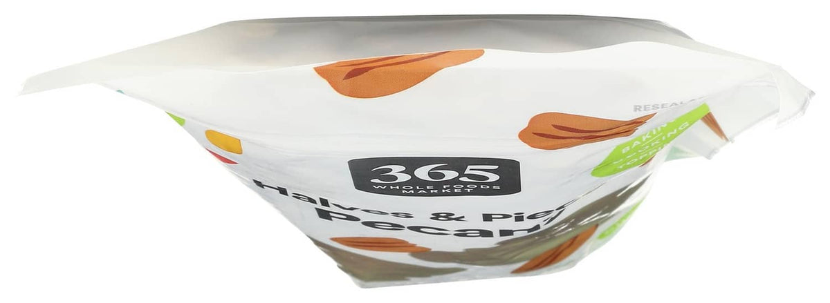 Pecan halves and pieces bag, top view with 365 logo