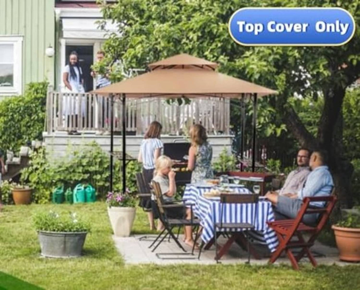 Khaki double-tier grill gazebo canopy top cover only over outdoor dining area