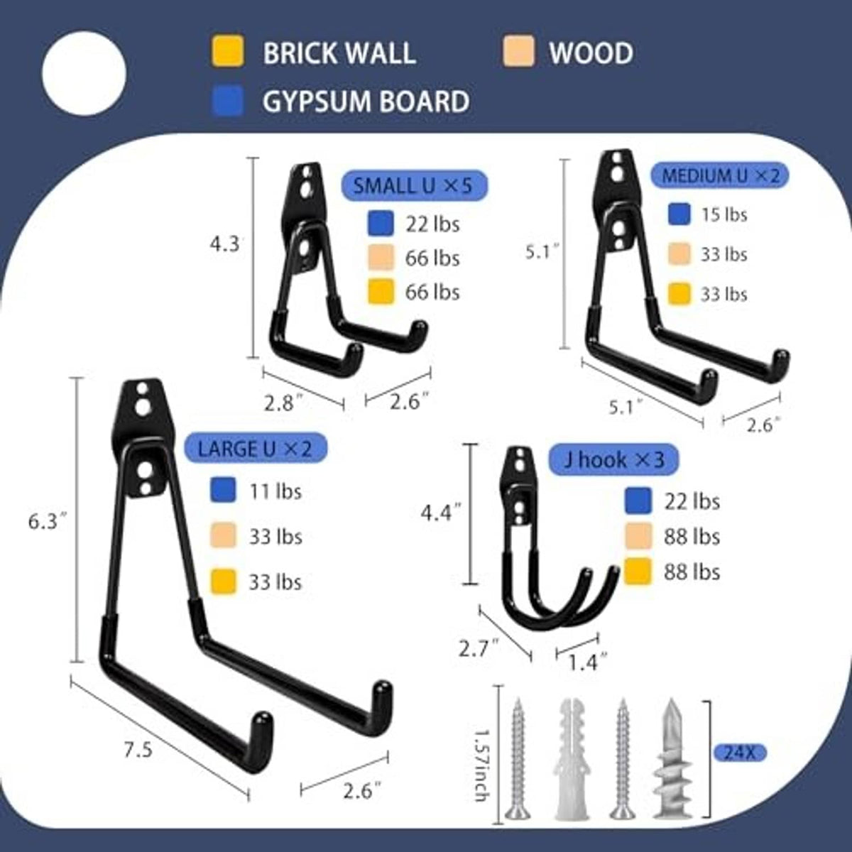 Garage hook size guide diagram showing multiple J-hook sizes and load ratings