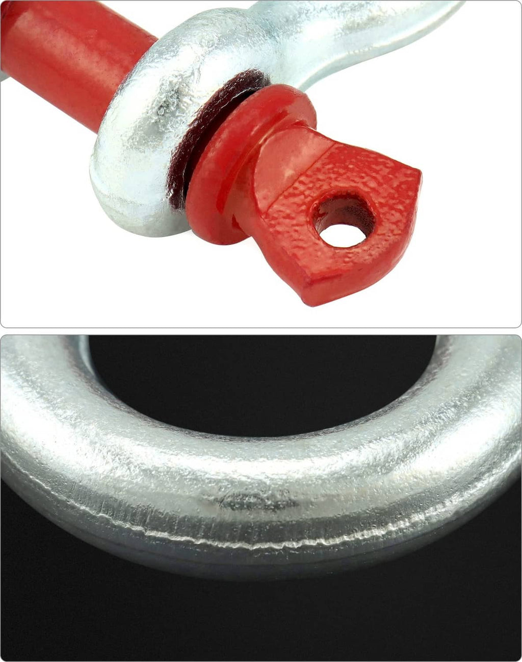 Close-up galvanized screw pin shackle with red pin and circular hole