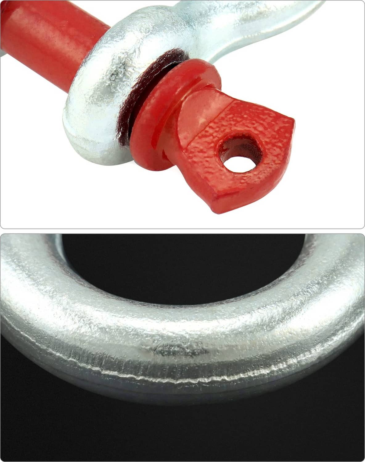 Close-up galvanized screw pin shackle with red pin and circular hole