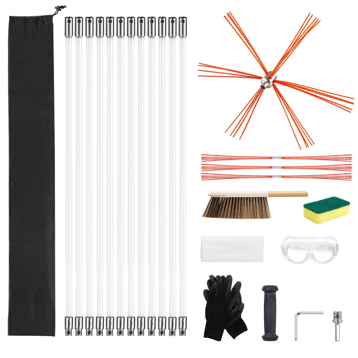 Chimney cleaning kit with brush heads, safety goggles, gloves, rod connector, and storage bag
