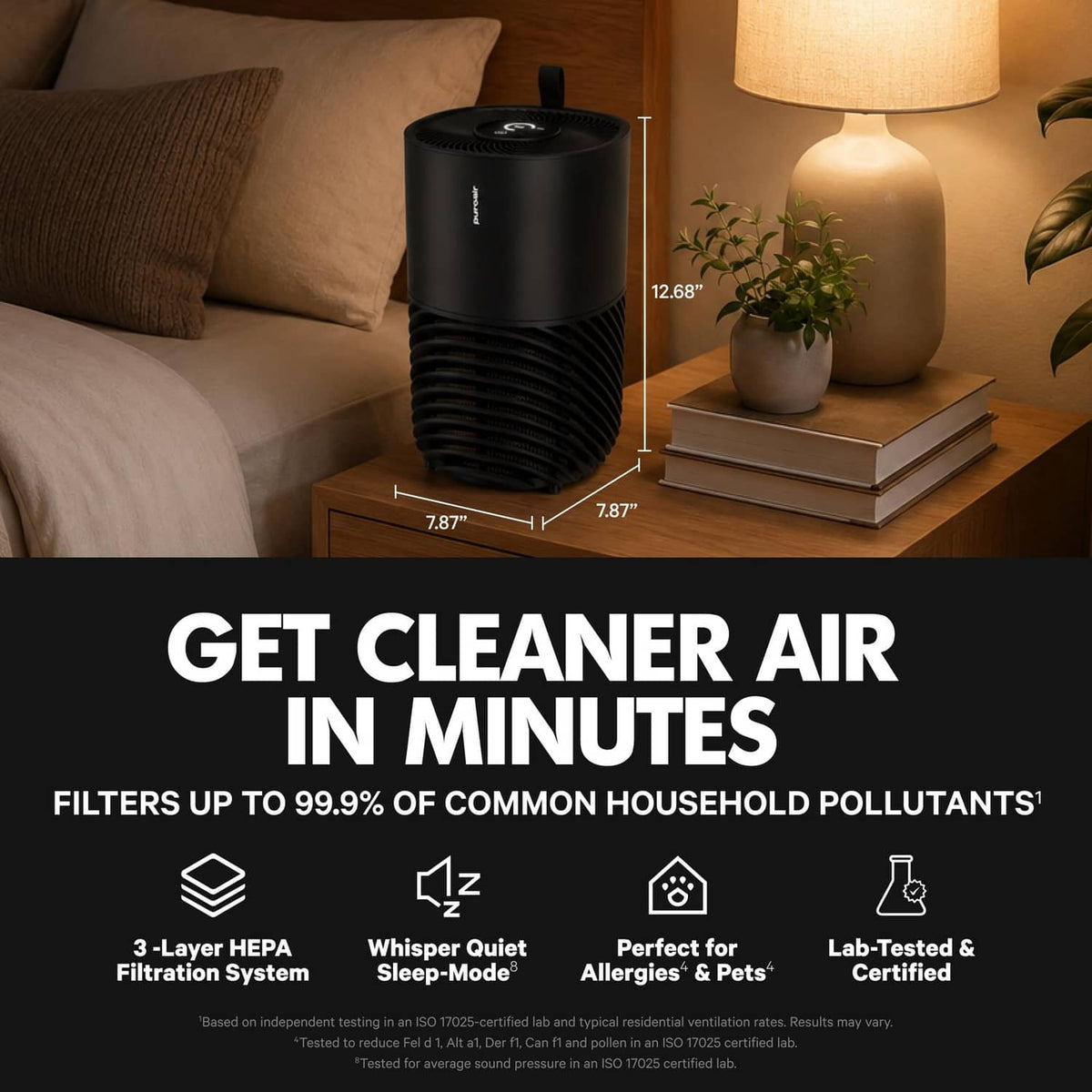 Black PuroAir 130i air purifier on a nightstand, with top control grille