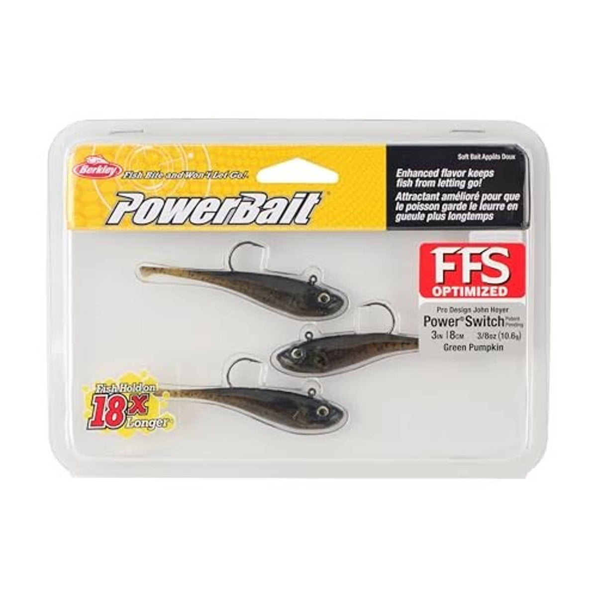 Powerbait soft plastic paddle-tail baits set in blister pack, FFS Optimized