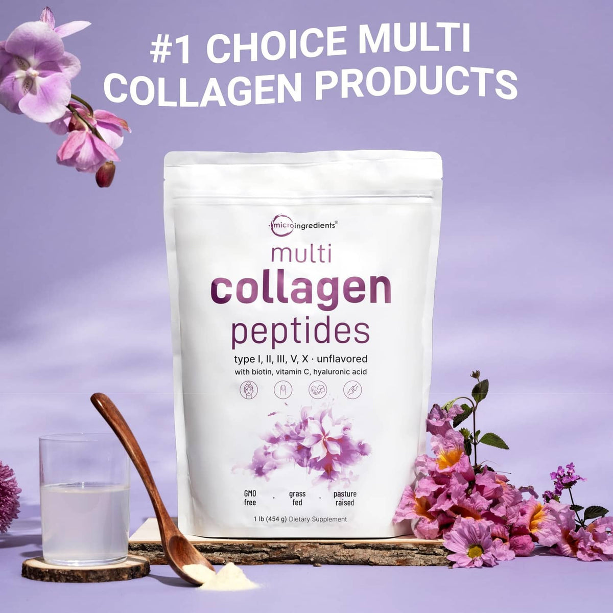 Multi collagen peptides powder pouch with purple "multi collagen peptides" text, 1 lb