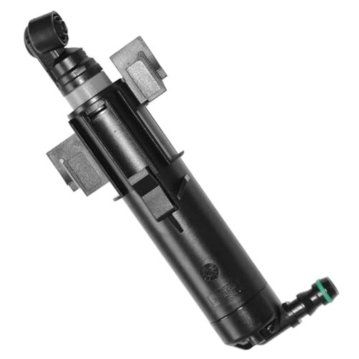 Black headlamp washer nozzle jet sprayer with mounting clips and green connector