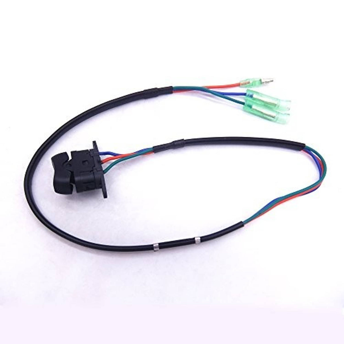 Black wiring harness with two connector housings and green translucent terminal plugs on leads