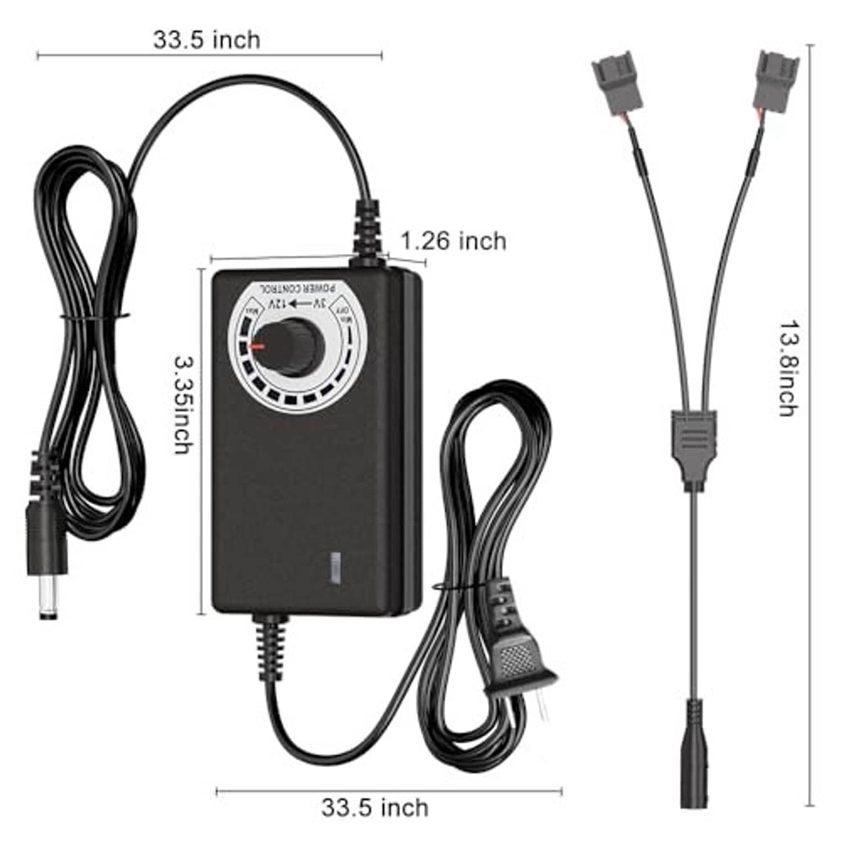 PWM fan hub controller with cable set and size diagram with inches measurements