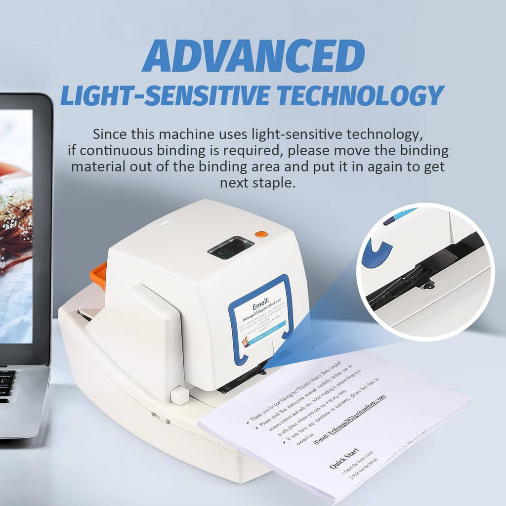 White electric stapler with light-sensitive sensing label and close-up feed window