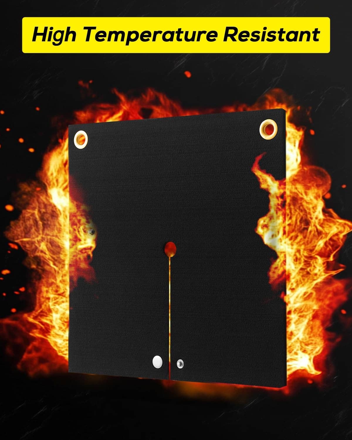 Black fireproof welding heat shield mat with brass grommets, flame-resistant