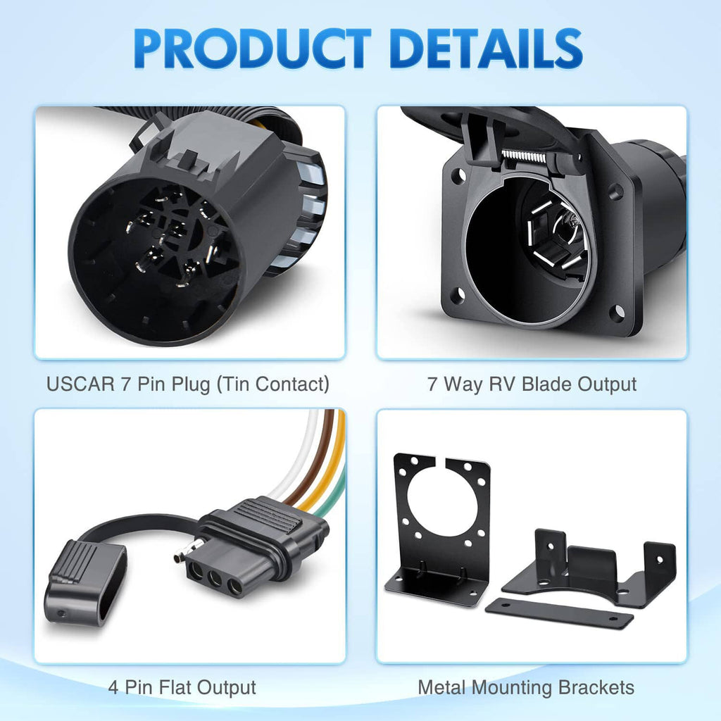 Trailer wiring connector kit with USCAR 7-pin plug, 4-pin flat output, and mounting brackets