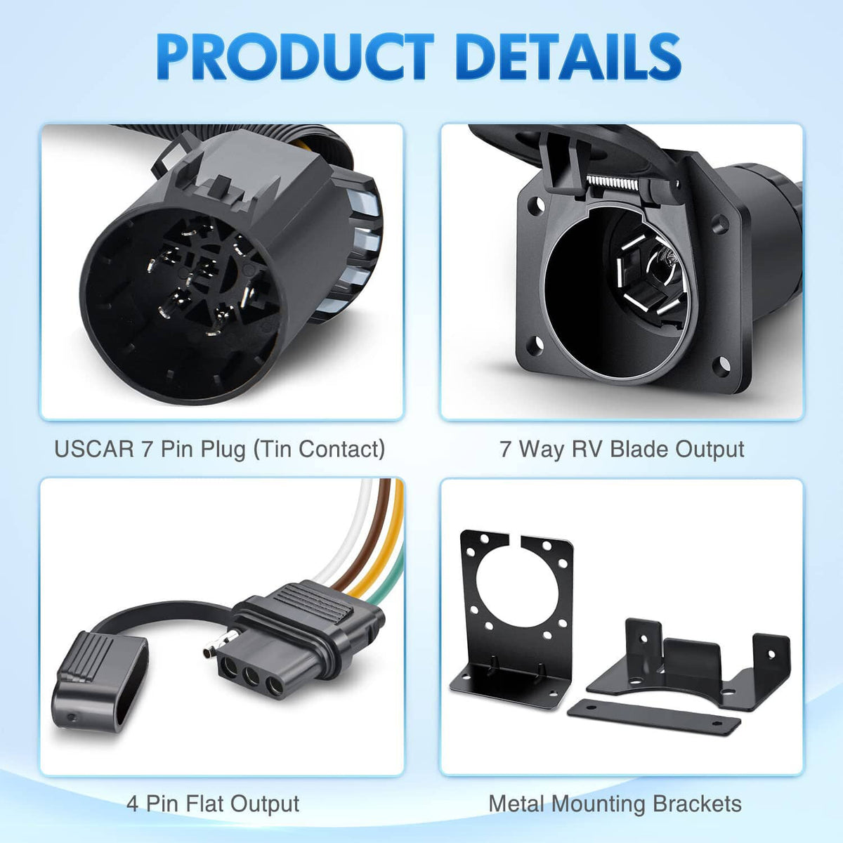 Trailer wiring connector kit with USCAR 7-pin plug, 4-pin flat output, and mounting brackets